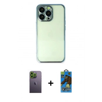 MARSİLYAN™- iPhone 13 Pro Max Kılıf Vadi Minimal - Siyah 18D Cam Ekran Koruyucu + Neon Fosforlu Kamera Lens - YL