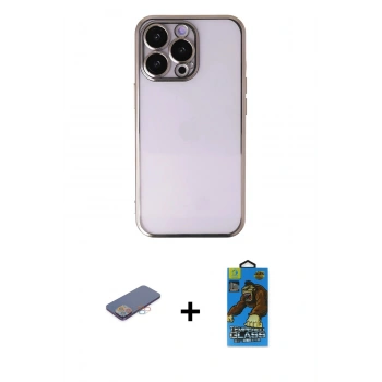 MARSİLYAN™- iPhone 13 Pro Max Kılıf Vadi Minimal - Siyah 18D Cam Ekran Koruyucu + Renkli Kamera Lens Koruma Cam - PE