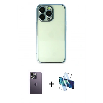MARSİLYAN™- iPhone 13 Pro Max Kılıf Vadi Minimal - Siyah 3D Antistatik Cam Ekran Koruyucu + Neon Fosforlu Kamera Lens - BZ