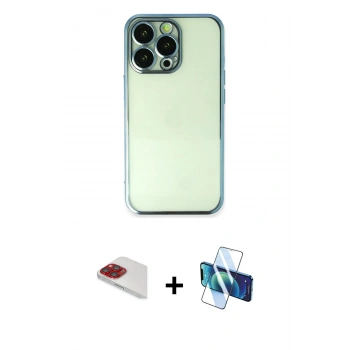 MARSİLYAN™- iPhone 13 Pro Max Kılıf Vadi Minimal - Siyah 3D Antistatik Cam Ekran Koruyucu + Pers Alüminyum Kamera Lens - KI