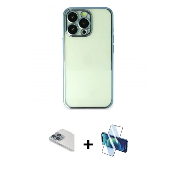 MARSİLYAN™- iPhone 13 Pro Max Kılıf Vadi Minimal - Siyah 3D Antistatik Cam Ekran Koruyucu + Pers Alüminyum Kamera Lens - SABE