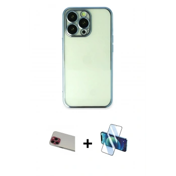 MARSİLYAN™- iPhone 13 Pro Max Kılıf Vadi Minimal - Siyah 3D Antistatik Cam Ekran Koruyucu + Rainbow Kamera Lens Koruma Cam - KI