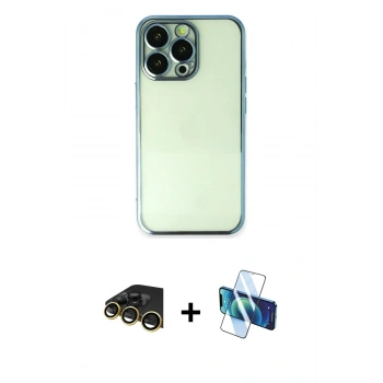 MARSİLYAN™- iPhone 13 Pro Max Kılıf Vadi Minimal - Siyah 3D Antistatik Cam Ekran Koruyucu + Raze Metal Kamera Lens - GD