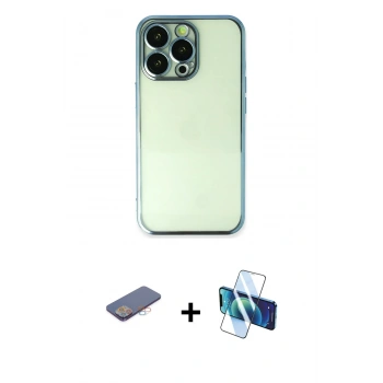 MARSİLYAN™- iPhone 13 Pro Max Kılıf Vadi Minimal - Siyah 3D Antistatik Cam Ekran Koruyucu + Renkli Kamera Lens Koruma Cam - PE