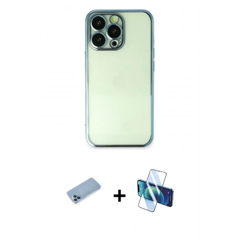 MARSİLYAN™- iPhone 13 Pro Max Kılıf Vadi Minimal - Siyah 3D Antistatik Cam Ekran Koruyucu + Shine Kamera Lens Koruma Cam - MI