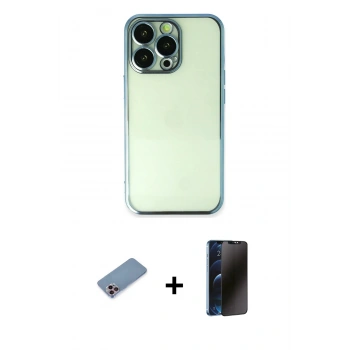 MARSİLYAN™- iPhone 13 Pro Max Kılıf Vadi Minimal - Siyah 3D Antistatik Hayalet Cam Ekran Koruyucu + Shine Kamera Lens Koruma Cam - PE