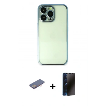 MARSİLYAN™- iPhone 13 Pro Max Kılıf Vadi Minimal - Siyah 3D Antistatik Hayalet Cam Ekran Koruyucu + Renkli Kamera Lens Koruma Cam - PE