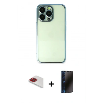 MARSİLYAN™- iPhone 13 Pro Max Kılıf Vadi Minimal - Siyah 3D Antistatik Hayalet Cam Ekran Koruyucu + Pers Alüminyum Kamera Lens - KI