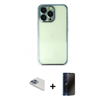 MARSİLYAN™- iPhone 13 Pro Max Kılıf Vadi Minimal - Siyah 3D Antistatik Hayalet Cam Ekran Koruyucu + Pers Alüminyum Kamera Lens - SABE