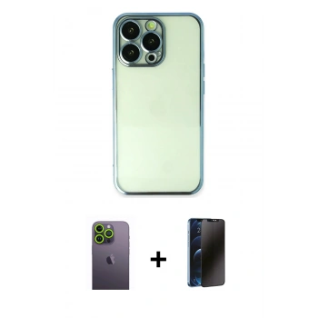 MARSİLYAN™- iPhone 13 Pro Max Kılıf Vadi Minimal - Siyah 3D Antistatik Hayalet Cam Ekran Koruyucu + Neon Fosforlu Kamera Lens - YL