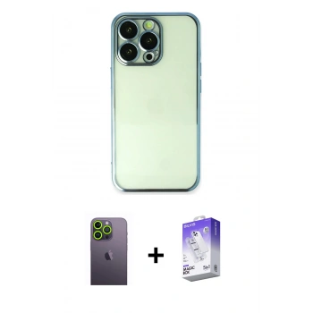 MARSİLYAN™- iPhone 13 Pro Max Kılıf Vadi Minimal - Siyah Bilvis 5in1 3D Magic Cam Ekran Koruyucu + Neon Fosforlu Kamera Lens - YL