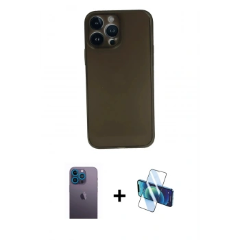 MARSİLYAN™- iPhone 13 Pro Max Kılıf Yadigar Yansıma Serisi - Siyah 3D Antistatik Cam Ekran Koruyucu + Neon Fosforlu Kamera Lens - MI