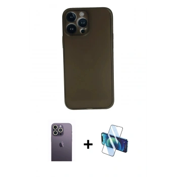 MARSİLYAN™- iPhone 13 Pro Max Kılıf Yadigar Yansıma Serisi - Siyah 3D Antistatik Cam Ekran Koruyucu + Neon Fosforlu Kamera Lens - BZ