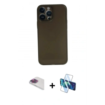 MARSİLYAN™- iPhone 13 Pro Max Kılıf Yadigar Yansıma Serisi - Siyah 3D Antistatik Cam Ekran Koruyucu + Pers Alüminyum Kamera Lens - GI