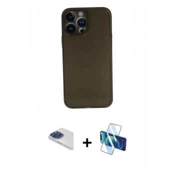 MARSİLYAN™- iPhone 13 Pro Max Kılıf Yadigar Yansıma Serisi - Siyah 3D Antistatik Cam Ekran Koruyucu + Pers Alüminyum Kamera Lens - LT