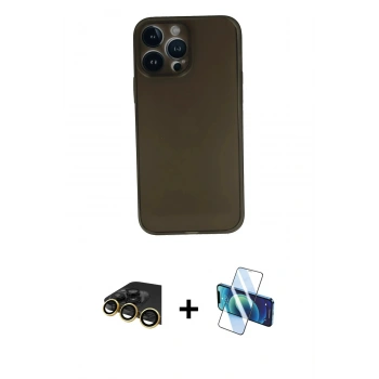 MARSİLYAN™- iPhone 13 Pro Max Kılıf Yadigar Yansıma Serisi - Siyah 3D Antistatik Cam Ekran Koruyucu + Raze Metal Kamera Lens - GD