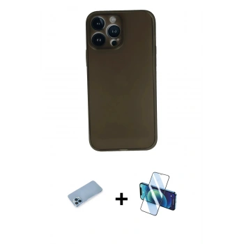MARSİLYAN™- iPhone 13 Pro Max Kılıf Yadigar Yansıma Serisi - Siyah 3D Antistatik Cam Ekran Koruyucu + Shine Kamera Lens Koruma Cam - MI