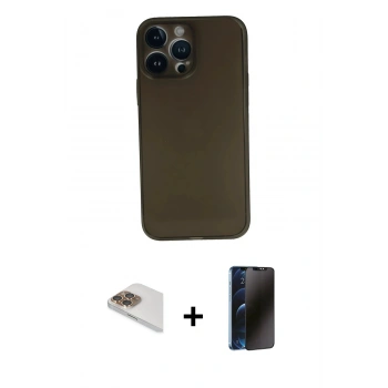 MARSİLYAN™- iPhone 13 Pro Max Kılıf Yadigar Yansıma Serisi - Siyah 3D Antistatik Hayalet Cam Ekran Koruyucu + Pers Alüminyum Kamera Lens - GD