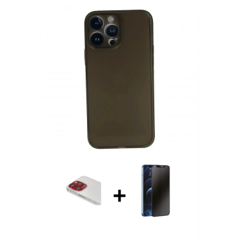 MARSİLYAN™- iPhone 13 Pro Max Kılıf Yadigar Yansıma Serisi - Siyah 3D Antistatik Hayalet Cam Ekran Koruyucu + Pers Alüminyum Kamera Lens - KI