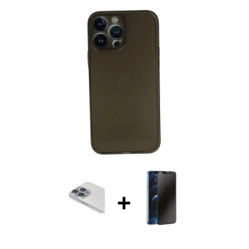MARSİLYAN™- iPhone 13 Pro Max Kılıf Yadigar Yansıma Serisi - Siyah 3D Antistatik Hayalet Cam Ekran Koruyucu + Pers Alüminyum Kamera Lens - SABE