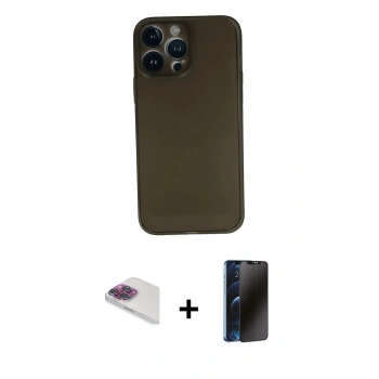 MARSİLYAN™- iPhone 13 Pro Max Kılıf Yadigar Yansıma Serisi - Siyah 3D Antistatik Hayalet Cam Ekran Koruyucu + Pers Alüminyum Kamera Lens - GI