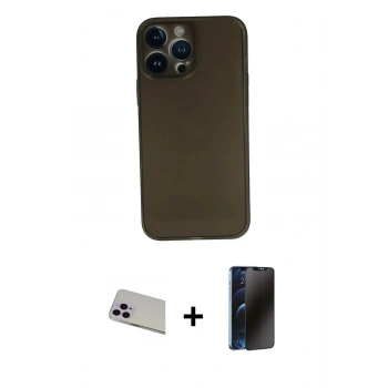 MARSİLYAN™- iPhone 13 Pro Max Kılıf Yadigar Yansıma Serisi - Siyah 3D Antistatik Hayalet Cam Ekran Koruyucu + Rainbow Kamera Lens Koruma Cam - MR