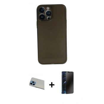 MARSİLYAN™- iPhone 13 Pro Max Kılıf Yadigar Yansıma Serisi - Siyah 3D Antistatik Hayalet Cam Ekran Koruyucu + Rainbow Kamera Lens Koruma Cam - MI