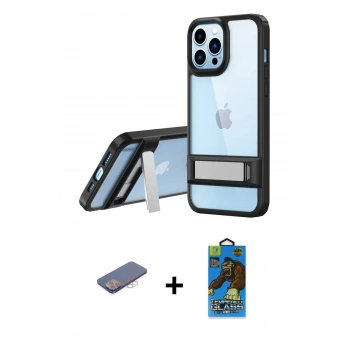 MARSİLYAN™- iPhone 13 Pro Max Kılıf Yadigar Yansıma - Siyah 18D Cam Ekran Koruyucu + Renkli Kamera Lens Koruma Cam - PE