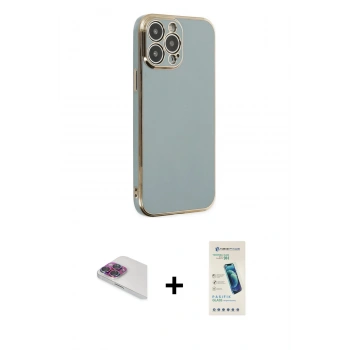 MARSİLYAN™- iPhone 13 Pro Max Kılıf Yankı Serisi - Şeffaf Pasifik Cam Ekran Koruyucu + Pers Alüminyum Kamera Lens - GI