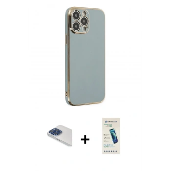 MARSİLYAN™- iPhone 13 Pro Max Kılıf Yankı Serisi - Şeffaf Pasifik Cam Ekran Koruyucu + Pers Alüminyum Kamera Lens - LT