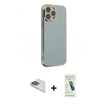 MARSİLYAN™- iPhone 13 Pro Max Kılıf Yankı Serisi - Şeffaf Pasifik Cam Ekran Koruyucu + Pers Alüminyum Kamera Lens - GD