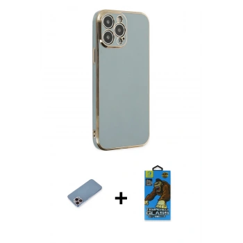 MARSİLYAN™- iPhone 13 Pro Max Kılıf Yankı Serisi - Siyah 18D Cam Ekran Koruyucu + Shine Kamera Lens Koruma Cam - PE