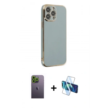MARSİLYAN™- iPhone 13 Pro Max Kılıf Yankı Serisi - Siyah 3D Antistatik Cam Ekran Koruyucu + Neon Fosforlu Kamera Lens - YL