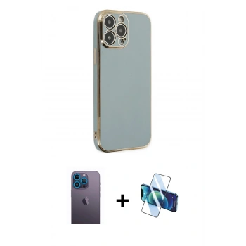 MARSİLYAN™- iPhone 13 Pro Max Kılıf Yankı Serisi - Siyah 3D Antistatik Cam Ekran Koruyucu + Neon Fosforlu Kamera Lens - MI