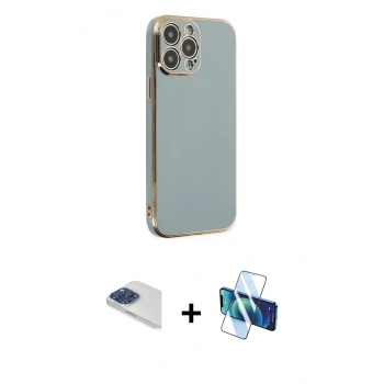 MARSİLYAN™- iPhone 13 Pro Max Kılıf Yankı Serisi - Siyah 3D Antistatik Cam Ekran Koruyucu + Pers Alüminyum Kamera Lens - LT