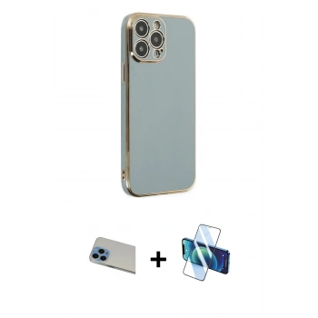 MARSİLYAN™- iPhone 13 Pro Max Kılıf Yankı Serisi - Siyah 3D Antistatik Cam Ekran Koruyucu + Rainbow Kamera Lens Koruma Cam - MI
