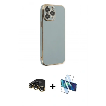 MARSİLYAN™- iPhone 13 Pro Max Kılıf Yankı Serisi - Siyah 3D Antistatik Cam Ekran Koruyucu + Raze Metal Kamera Lens - GD