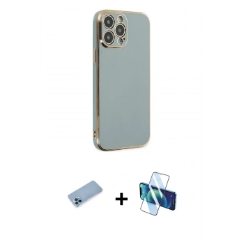 MARSİLYAN™- iPhone 13 Pro Max Kılıf Yankı Serisi - Siyah 3D Antistatik Cam Ekran Koruyucu + Shine Kamera Lens Koruma Cam - MI