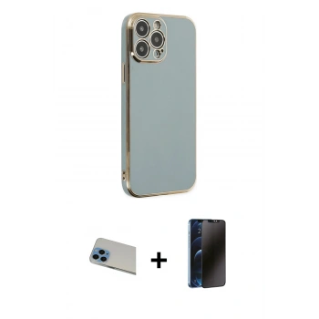 MARSİLYAN™- iPhone 13 Pro Max Kılıf Yankı Serisi - Siyah 3D Antistatik Hayalet Cam Ekran Koruyucu + Rainbow Kamera Lens Koruma Cam - MI