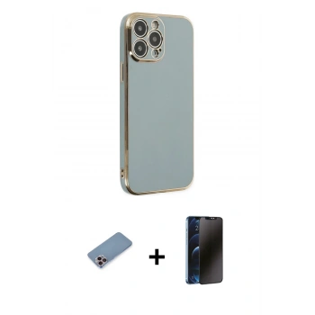 MARSİLYAN™- iPhone 13 Pro Max Kılıf Yankı Serisi - Siyah 3D Antistatik Hayalet Cam Ekran Koruyucu + Shine Kamera Lens Koruma Cam - PE