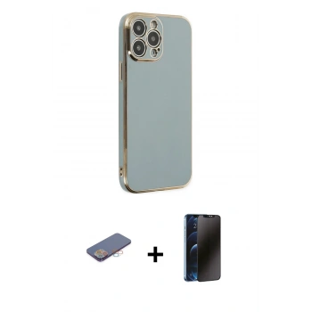 MARSİLYAN™- iPhone 13 Pro Max Kılıf Yankı Serisi - Siyah 3D Antistatik Hayalet Cam Ekran Koruyucu + Renkli Kamera Lens Koruma Cam - PE