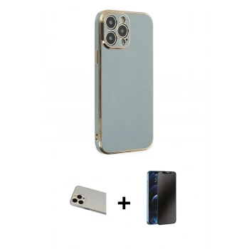 MARSİLYAN™- iPhone 13 Pro Max Kılıf Yankı Serisi - Siyah 3D Antistatik Hayalet Cam Ekran Koruyucu + Rainbow Kamera Lens Koruma Cam - REGD