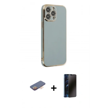 MARSİLYAN™- iPhone 13 Pro Max Kılıf Yankı Serisi - Siyah 3D Antistatik Hayalet Cam Ekran Koruyucu + Renkli Kamera Lens Koruma Cam - TU