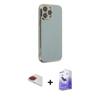 MARSİLYAN™- iPhone 13 Pro Max Kılıf Yankı Serisi - Siyah Bilvis 5in1 5D Magic Hayalet Cam Ekran Koruyucu + Pers Alüminyum Kamera Lens - KI