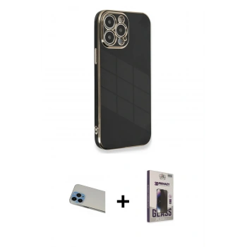 MARSİLYAN™- iPhone 13 Pro Max Kılıf Yankı Serisi - Siyah Bilvis Hayalet Cam Ekran Koruyucu + Rainbow Kamera Lens Koruma Cam - MI