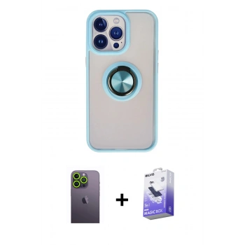 MARSİLYAN™- iPhone 13 Pro Max Kılıf Yörünge Çizgi - Siyah Bilvis 5in1 5D Magic Hayalet Cam Ekran Koruyucu + Neon Fosforlu Kamera Lens - YL
