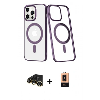 MARSİLYAN™- iPhone 13 Pro Max Kılıf Yörünge Minimal - Şeffaf Maxco Cam Ekran Koruyucu + Raze Metal Kamera Lens - GD