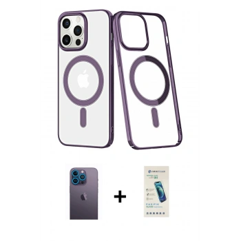 MARSİLYAN™- iPhone 13 Pro Max Kılıf Yörünge Minimal - Şeffaf Pasifik Cam Ekran Koruyucu + Neon Fosforlu Kamera Lens - MI