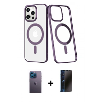 MARSİLYAN™- iPhone 13 Pro Max Kılıf Yörünge Minimal - Siyah 3D Antistatik Hayalet Cam Ekran Koruyucu + Neon Fosforlu Kamera Lens - MI