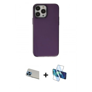 MARSİLYAN™- iPhone 13 Pro Max Kılıf Zirve Doku Koleksiyonu - Siyah 3D Antistatik Cam Ekran Koruyucu + Rainbow Kamera Lens Koruma Cam - MI